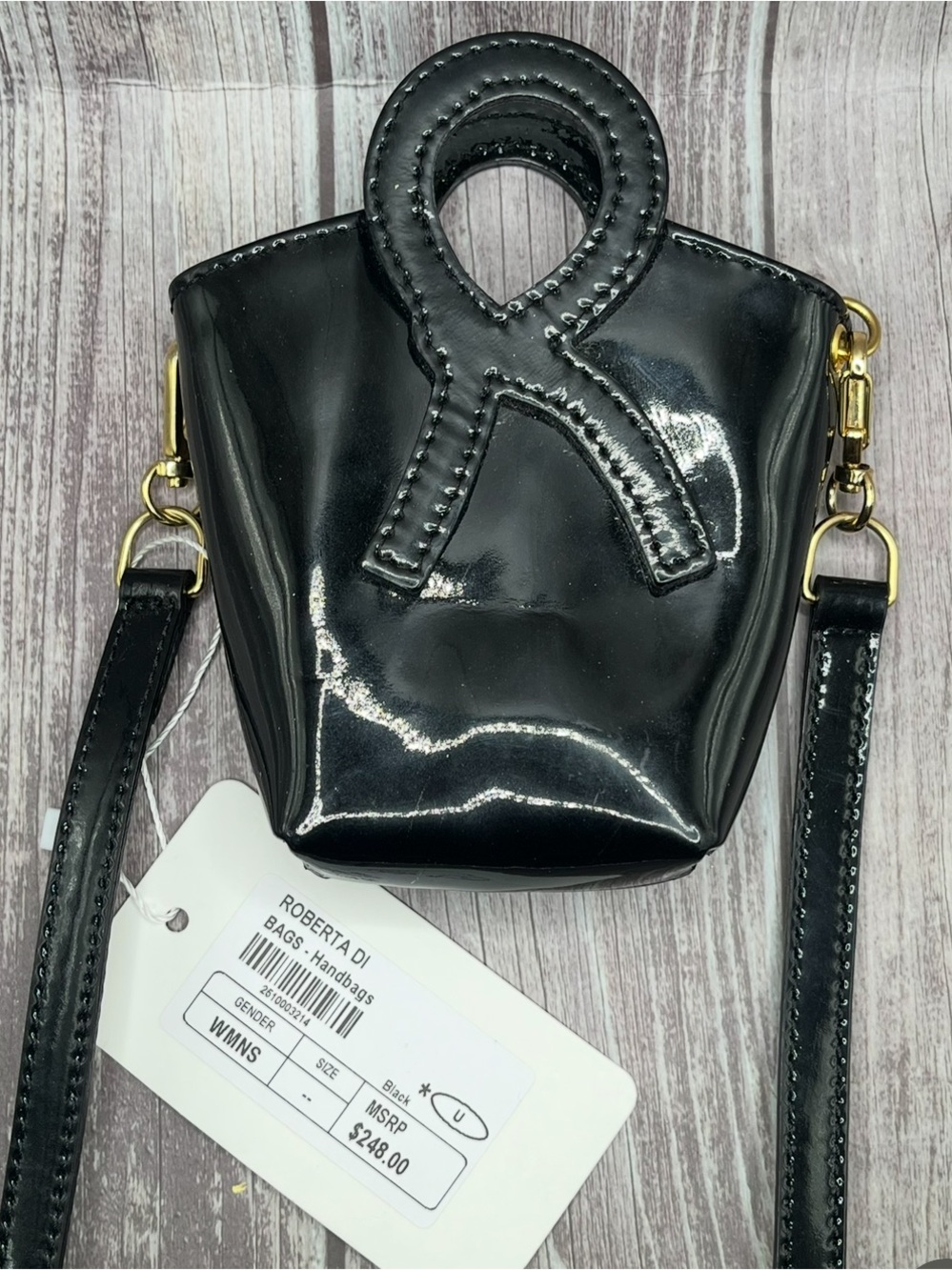 $248 NWT Roberta di Camerino Black Patent Glossy Mini Bucket Bag Micro Crossbody - Picture 7 of 16